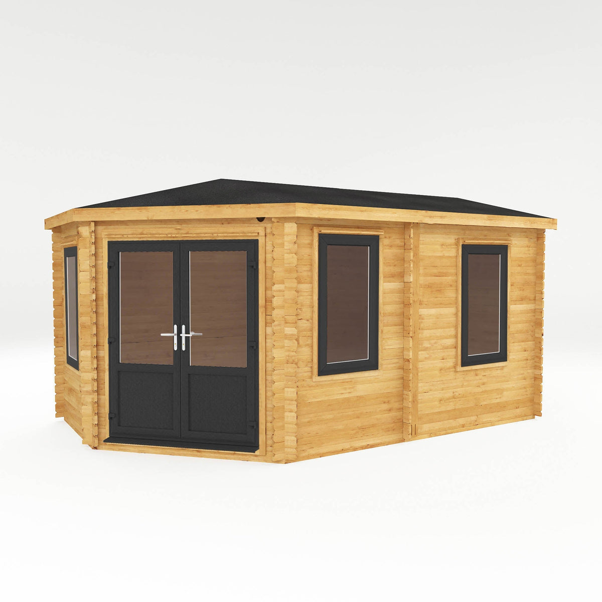 Grey 5x3m Mercia Garden Products corner log cabin with 44mm thick walls and UPVC windows, designed as a cozy outdoor lodge.