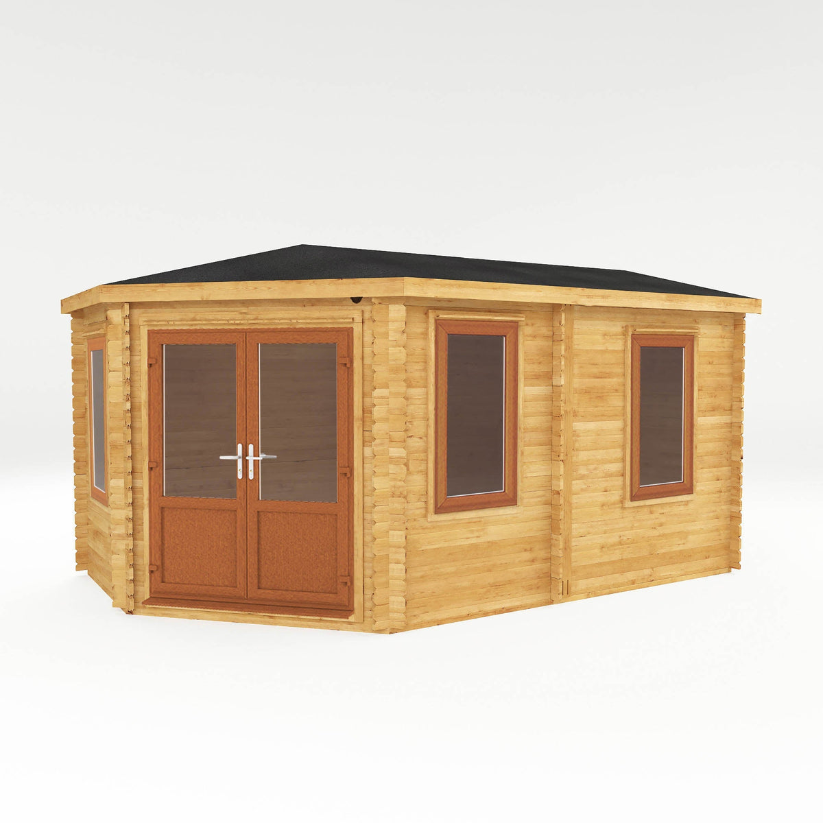 Mercia Garden Products 5x3m oak log cabin with corner design, featuring a 44mm thick wall and UPVC windows, suitable for garden use.