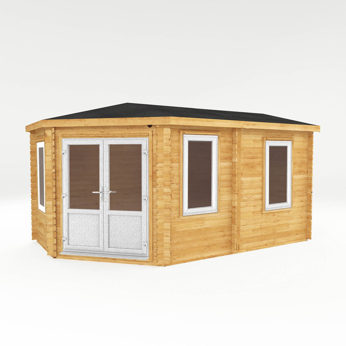 White 5x3m Mercia Garden Products log cabin with 44mm thick walls, designed as a corner lodge for garden use.
