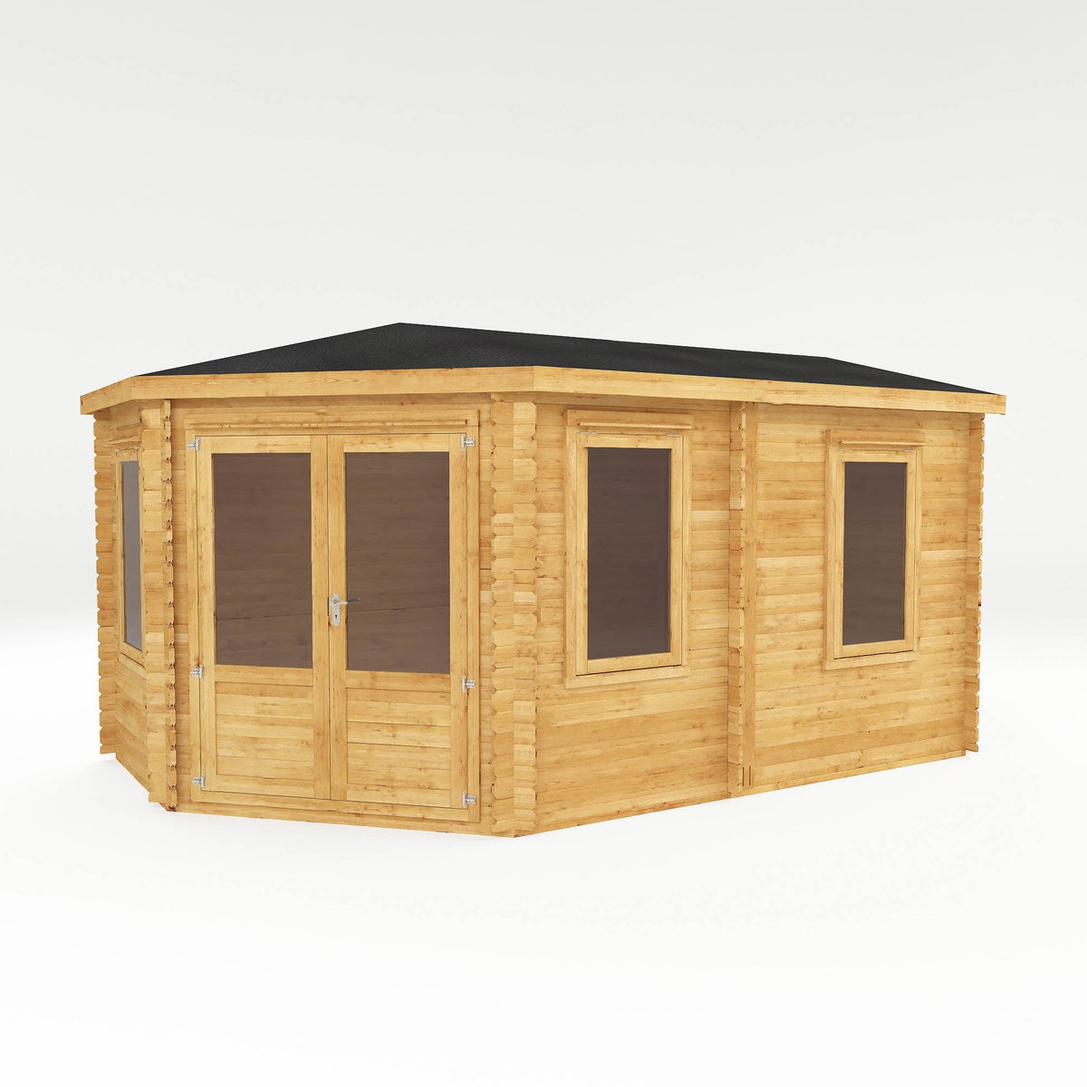 Natural timber corner log cabin with a 5x3m lodge design by Mercia Garden Products, featuring a spacious outdoor structure.