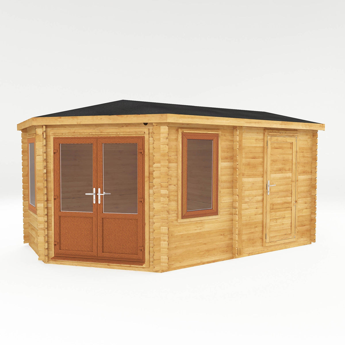 5x3m Mercia Garden Products corner log cabin with side shed, 44mm oak-effect timber, suitable for garden outdoor use.