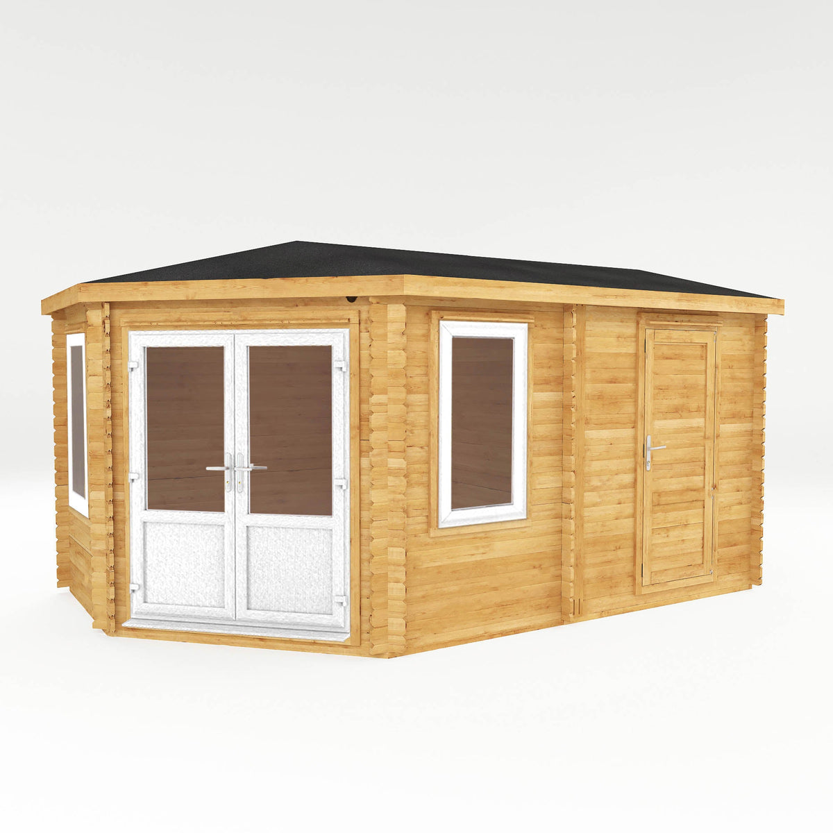 White Mercia Garden Products corner log cabin with 5x3m lodge and side shed, featuring 44mm thick walls and UPVC windows.