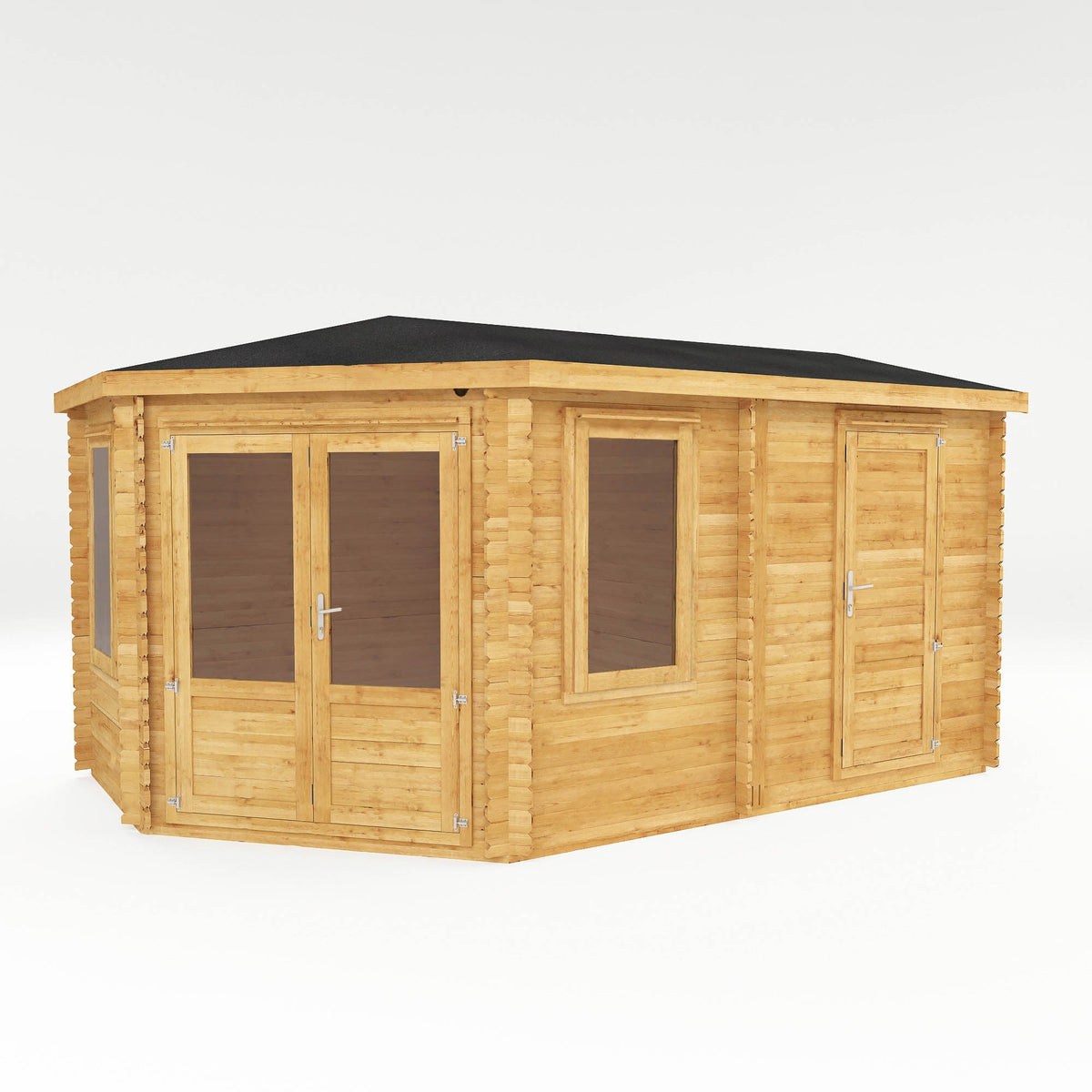 Natural timber corner log cabin with side shed, 5x3 meters, by Mercia Garden Products, featuring a lodge-style design.
