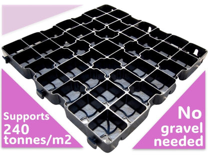 EcoBase Fastfit Shed Base Kit showing assembled plastic base with grid design for easy garden shed foundation.