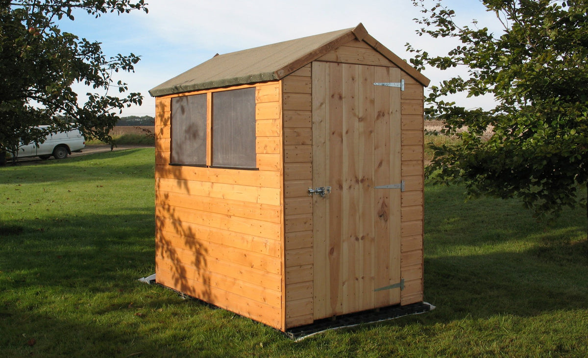 EcoBase Fastfit Shed Base Kit showing assembled base with gravel and frame for secure garden shed foundation.
