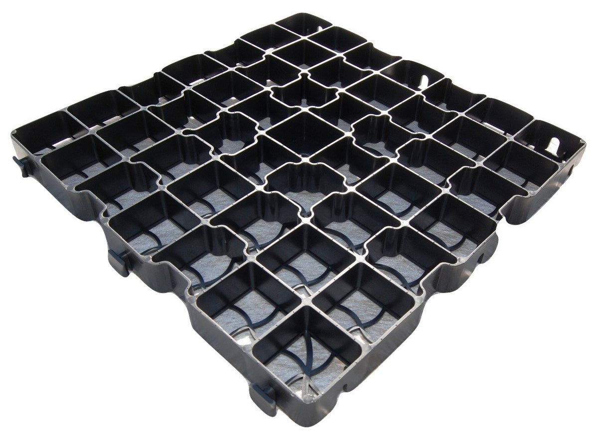 EcoBase Fastfit Shed Base Kit showing assembled base with interlocking panels for secure outdoor shed foundation.