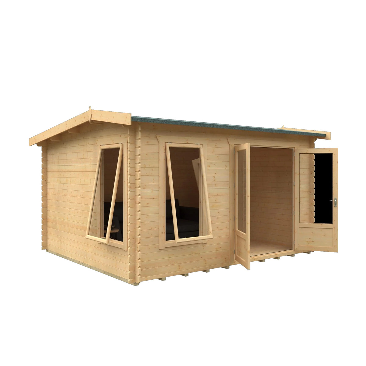 Norven Gardens glazed garden office log cabin with full-pane windows, white exterior, 12x10 size, ideal for outdoor workspace.