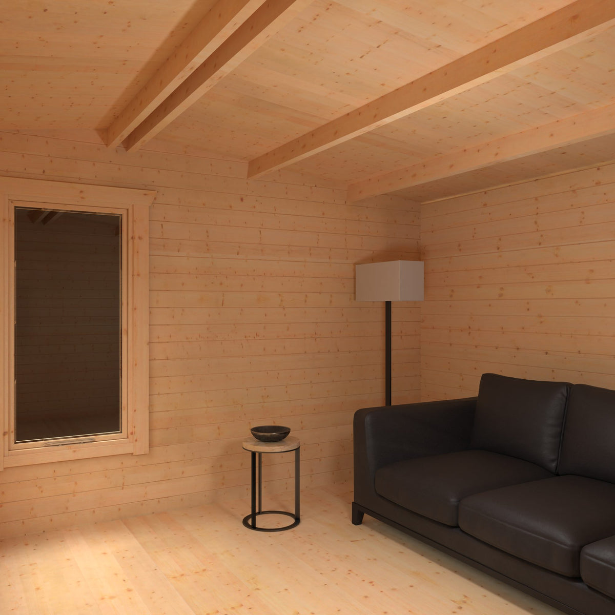 Interior view of the Norven Gardens glazed garden office log cabin, showcasing its spacious, well-lit workspace and modern design.