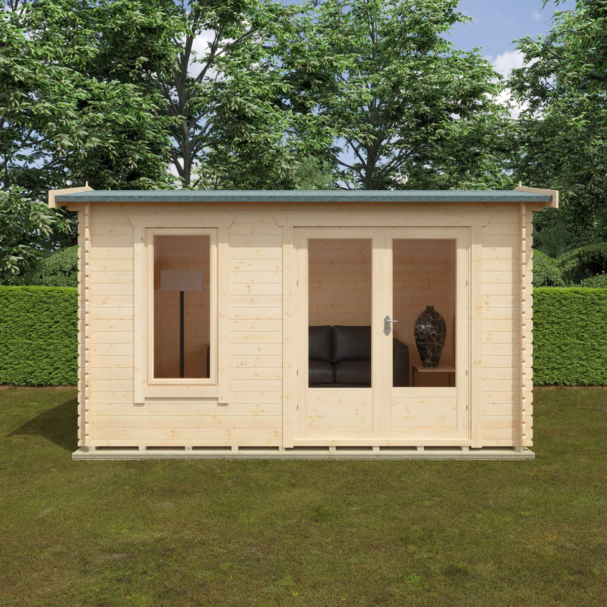 Norven Gardens glazed garden office log cabin with large glass doors, suited for outdoor workspace or garden retreat.