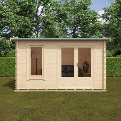 Norven Gardens glazed garden office log cabin with large glass doors, suited for outdoor workspace or garden retreat.