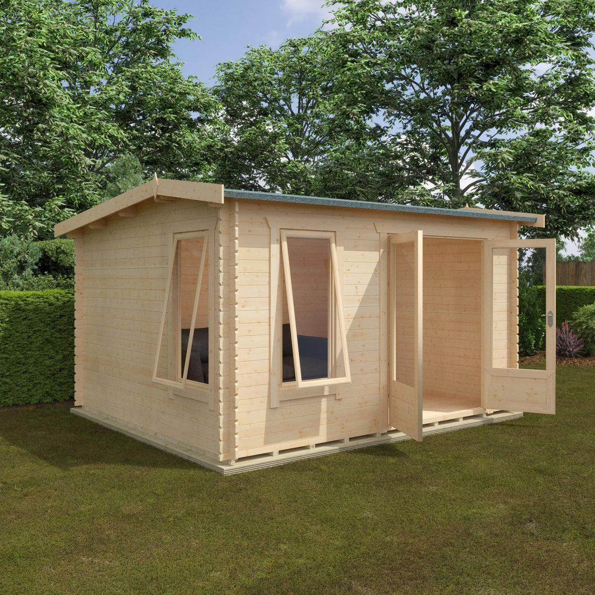 Norven Gardens glazed garden office log cabin with large windows, 12x10 feet, ideal for outdoor workspace or studio.