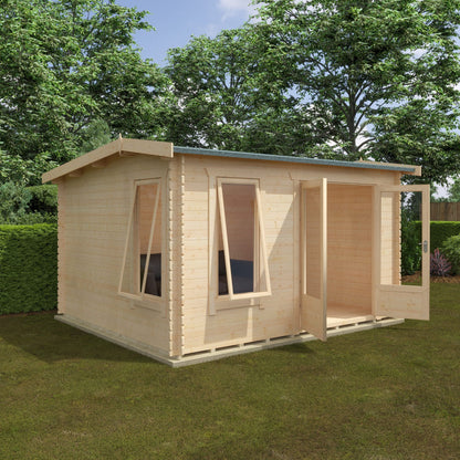 Norven Gardens glazed garden office log cabin with large windows, 12x10 feet, ideal for outdoor workspace or studio.
