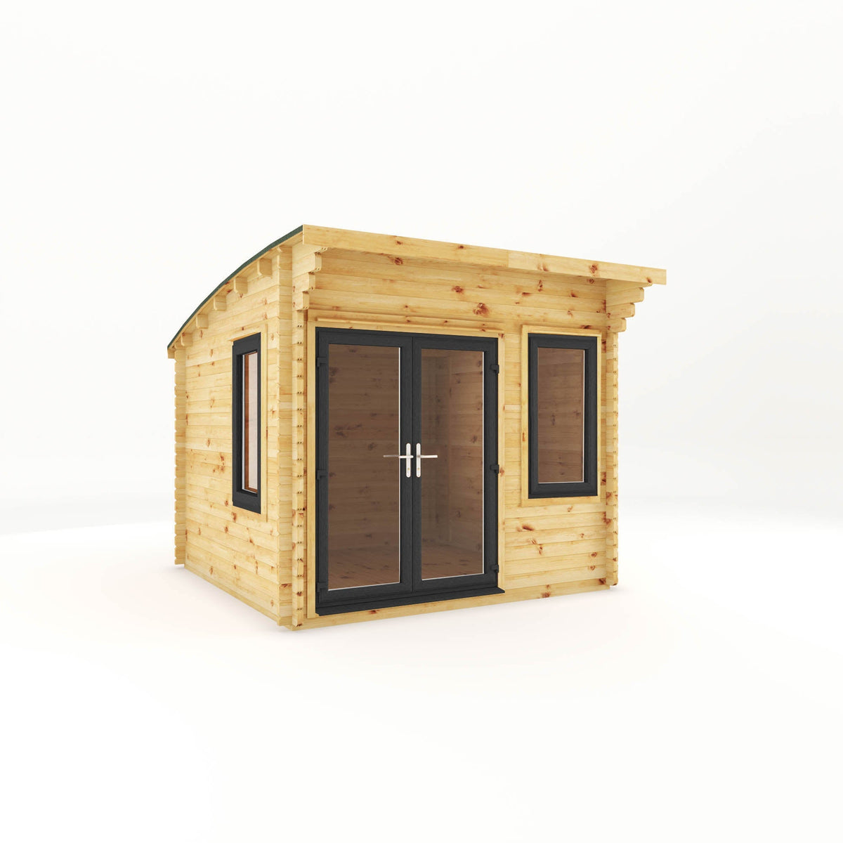 Mercia Garden Products Helios Curved Roof Log Cabin 3x3m with 44mm grey UPVC construction, showcasing its curved roof design and exterior panels.
