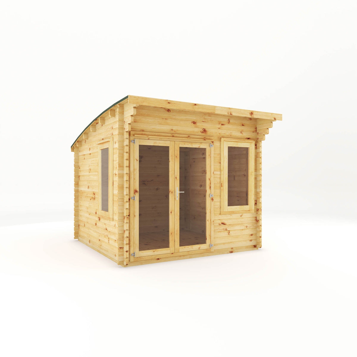 Mercia Garden Products Helios Curved Roof Log Cabin 3m x 3m in natural timber with 44mm thick walls.