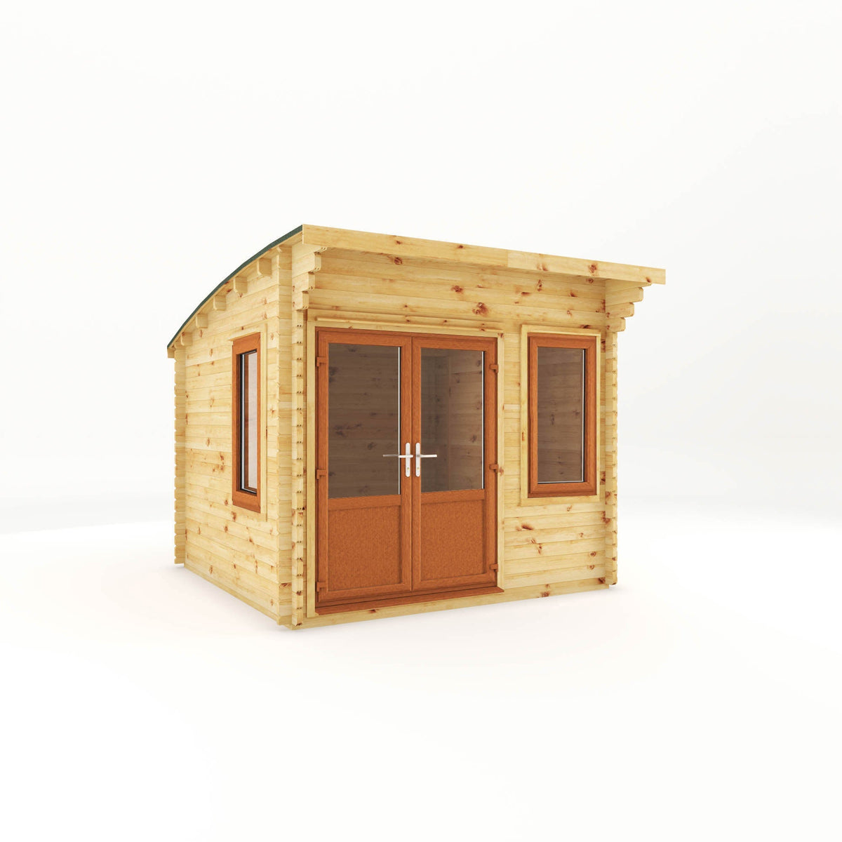 Mercia Garden Products Helios Curved Roof Log Cabin 3x3m with 44mm oak-effect UPVC exterior, showcasing its curved roof design.