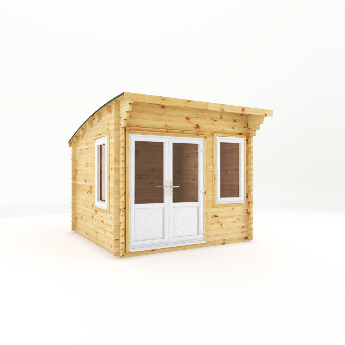White Mercia Garden Products Helios Curved Roof Log Cabin, 3x3m, 44mm thick, with curved roof design, made from durable timber.