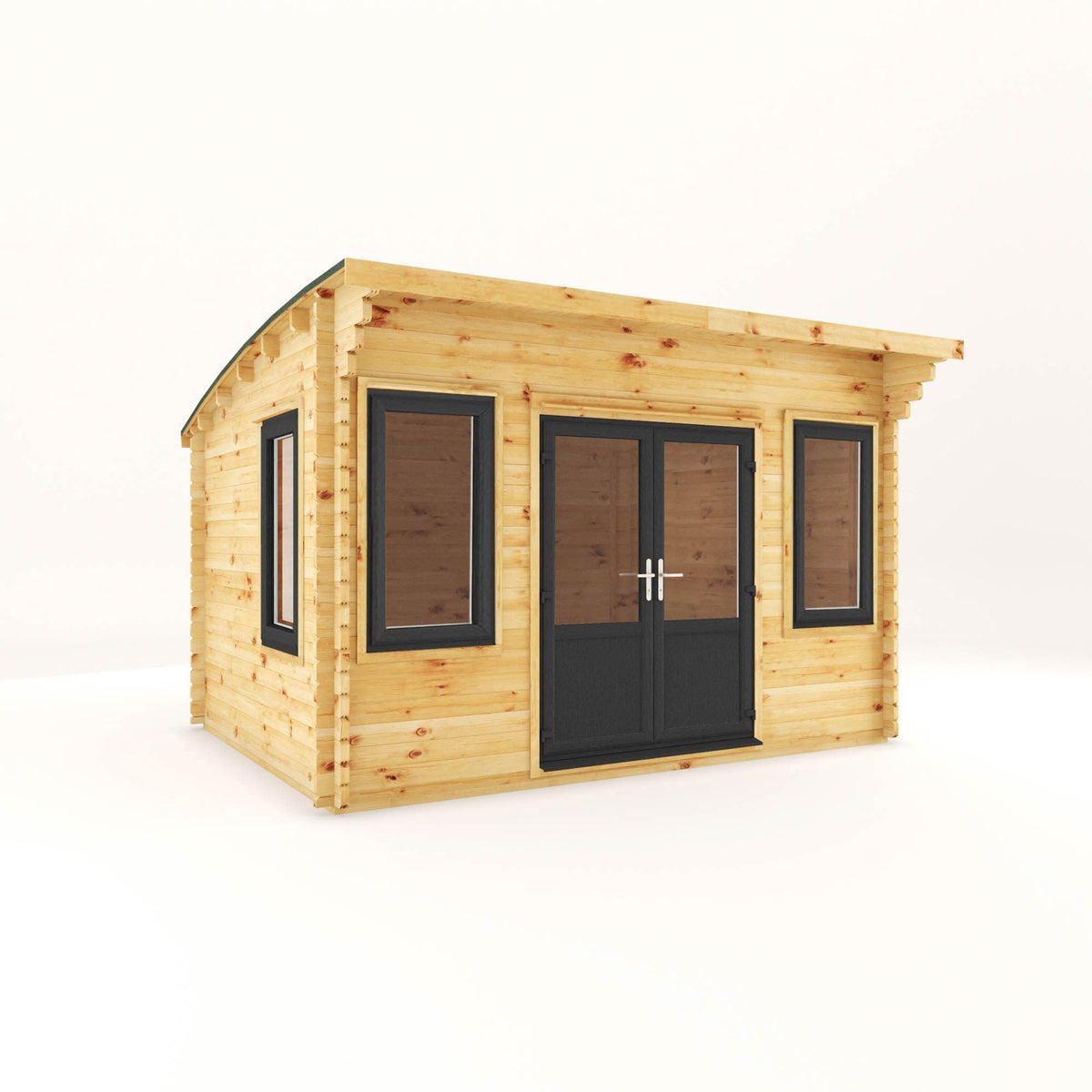 Mercia Garden Products Helios Curved Roof Log Cabin 4x3m with grey 44mm timber walls and upvc roof in a garden setting