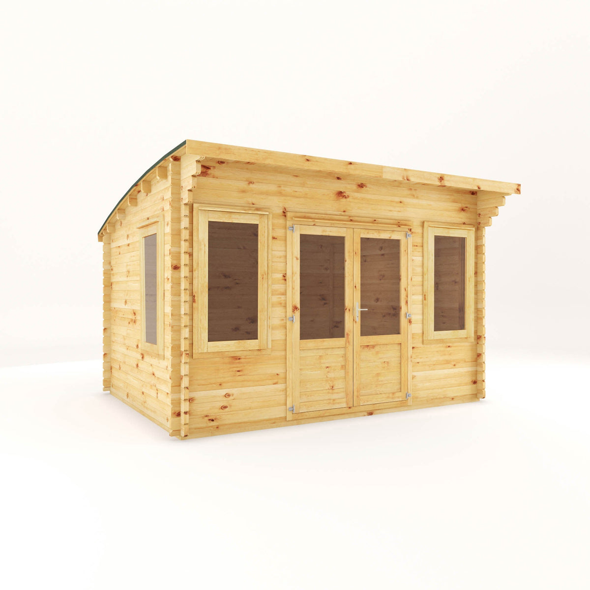 Helios Curved Roof Log Cabin by Mercia Garden Products, 4x3m, natural timber, with curved roof design and 44mm thick walls.