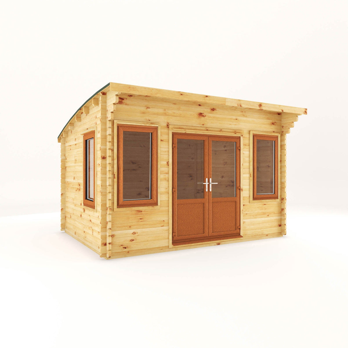 Mercia Garden Products Helios Curved Roof Log Cabin, 4x3m, 44mm thick oak UPVC exterior, showcasing its curved roof design.