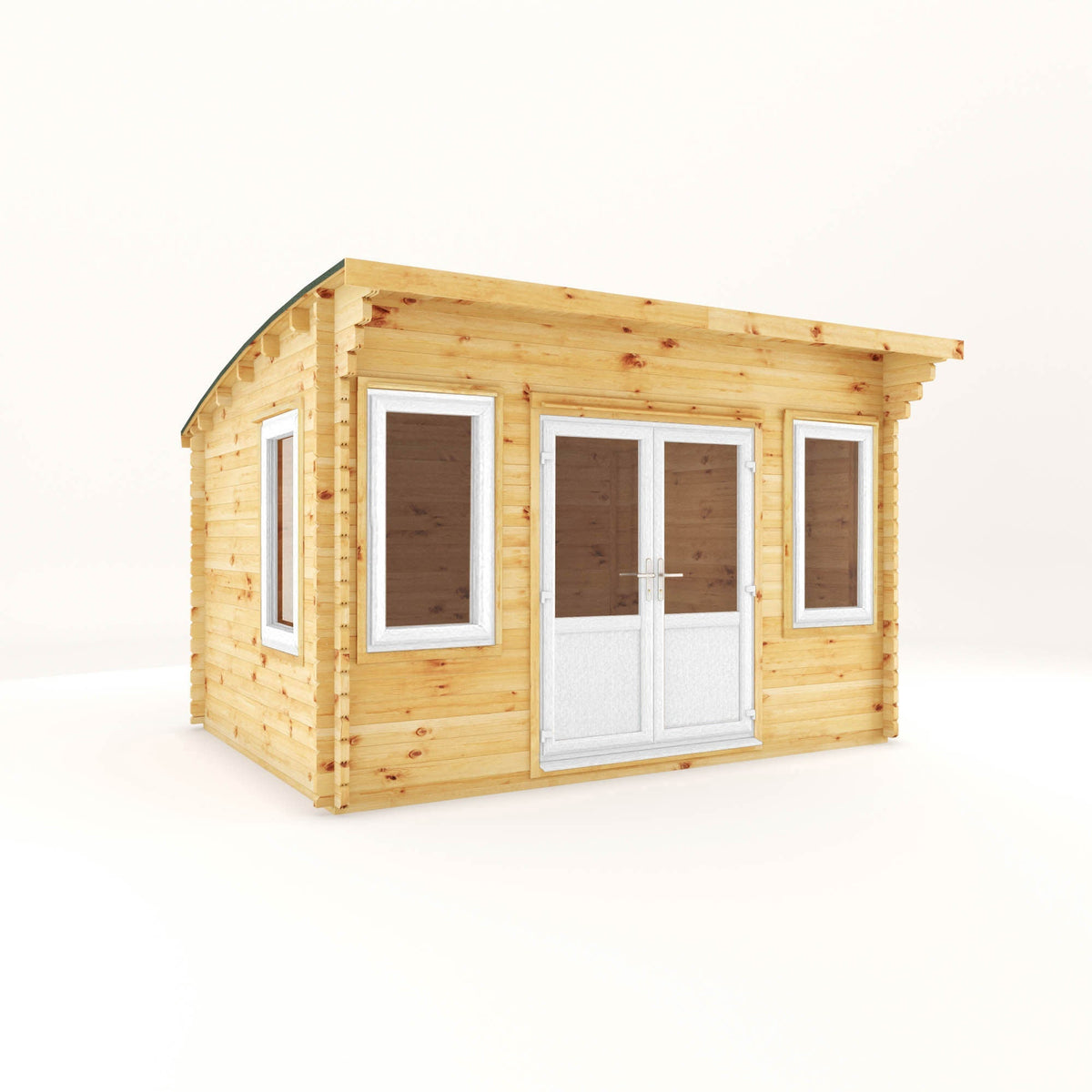 Mercia Garden Products Helios Curved Roof Log Cabin in white, 44mm thick, with a 4x3 meter curved roof design and UPVC construction.