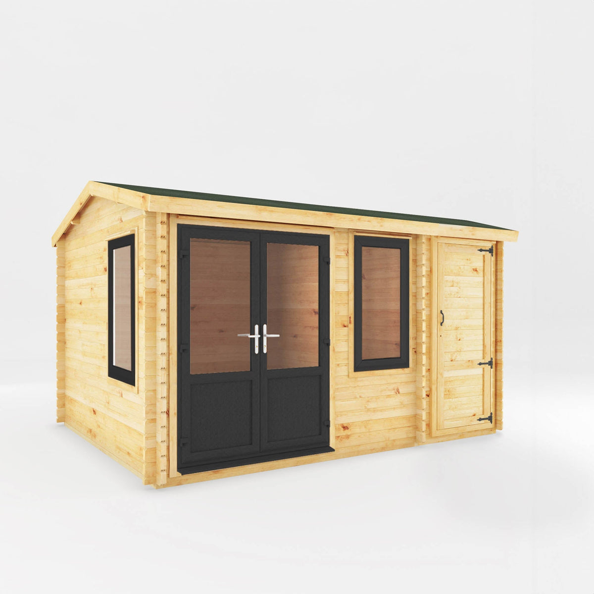 Grey Mercia Garden Products Home Office Elite Log Cabin, 3x3m, 44mm thick timber, suitable for garden office or workspace.