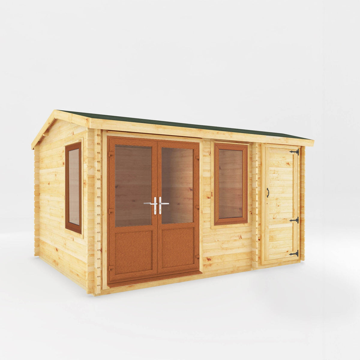 Mercia Garden Products Home Office Elite Log Cabin, 3x3m oak-colored garden log cabin with PVC windows for a stylish outdoor workspace.