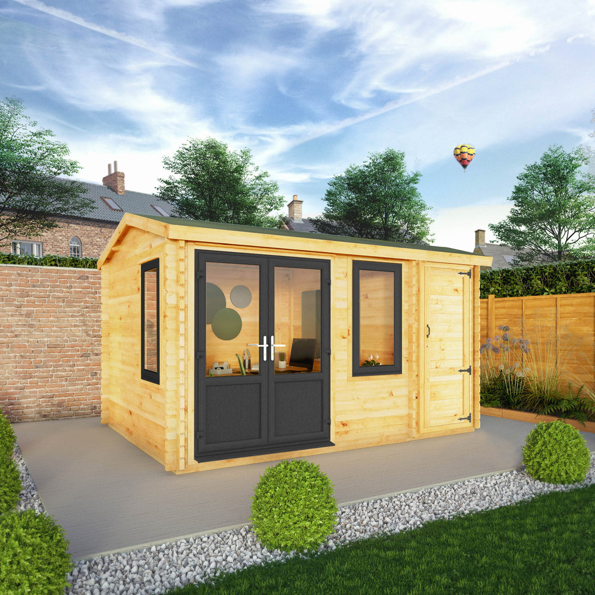 Mercia Garden Products Home Office Elite Log Cabin with side shed, 4.1x3m, grey UPVC, ideal for garden workspace and storage