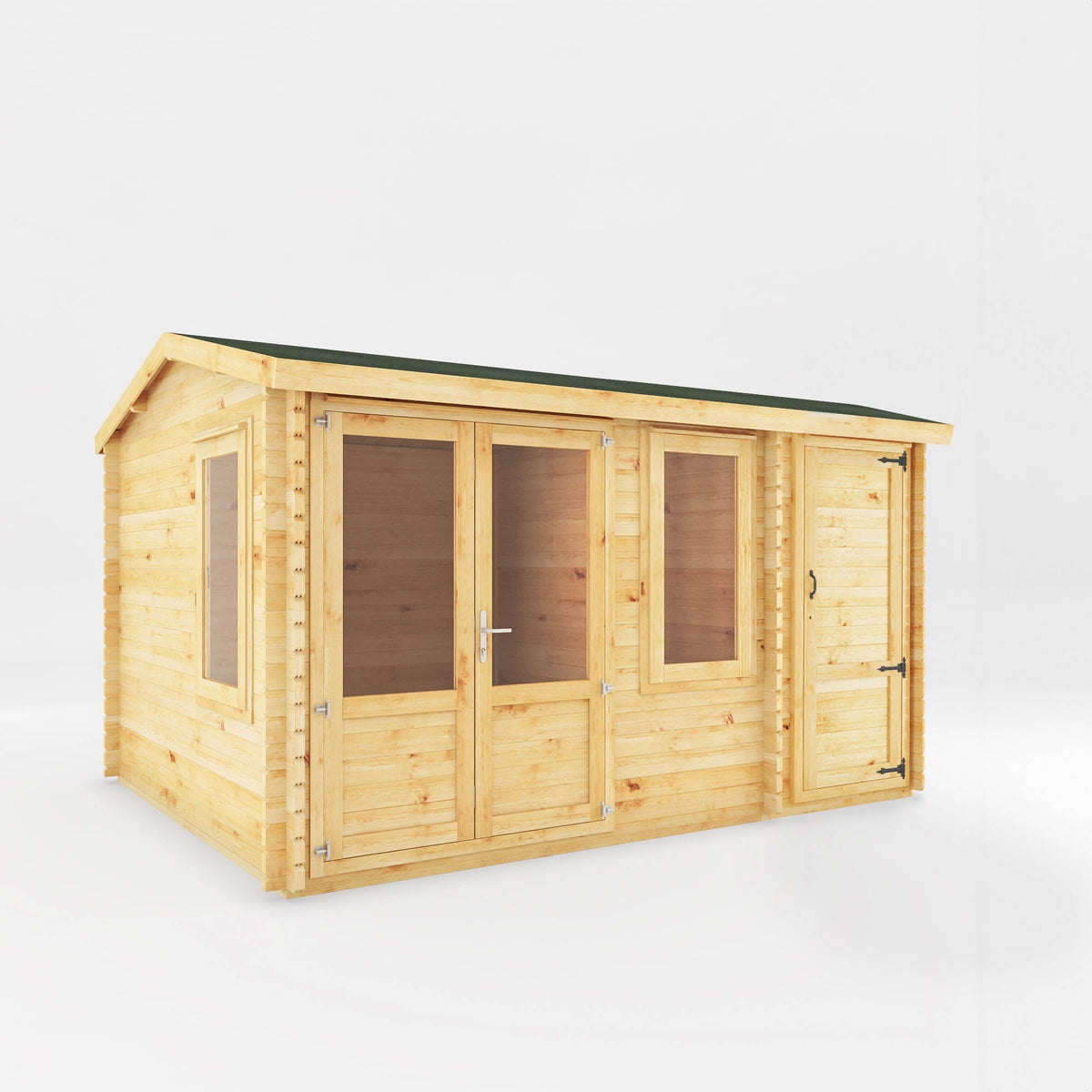 Mercia Garden Products Home Office Elite Log Cabin with 4x3m natural timber design and side shed for garden workspace.