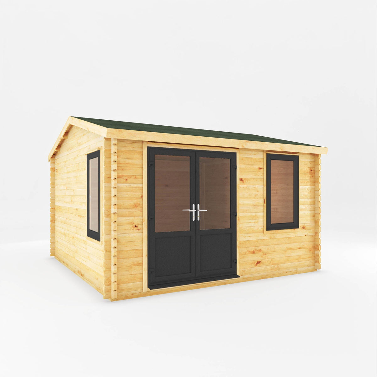 Grey Mercia Garden Products Home Office Elite Log Cabin, 4x4m, 44mm thick UPVC garden cabin for work or leisure.
