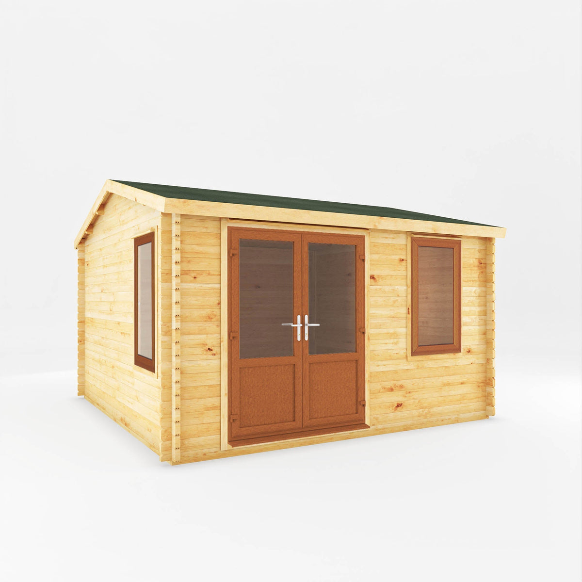 Mercia Garden Products home office elite log cabin with 4x4m oak UPVC exterior, ideal for garden workspace or small home office.