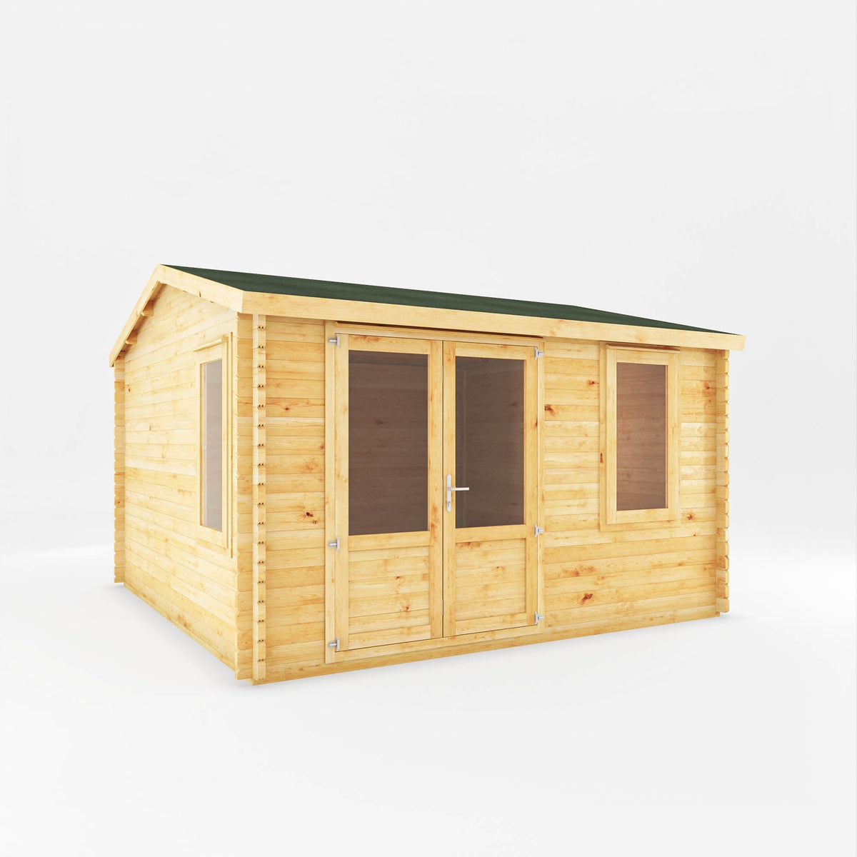 Natural timber Mercia Garden Products Home Office Elite Log Cabin in a 4x4m garden setting, showcasing its modern design and large windows.