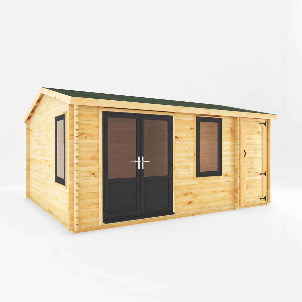 Mercia Garden Products Home Office Elite Log Cabin with side shed, 5x4 meters, grey UPVC, ideal for garden workspace.