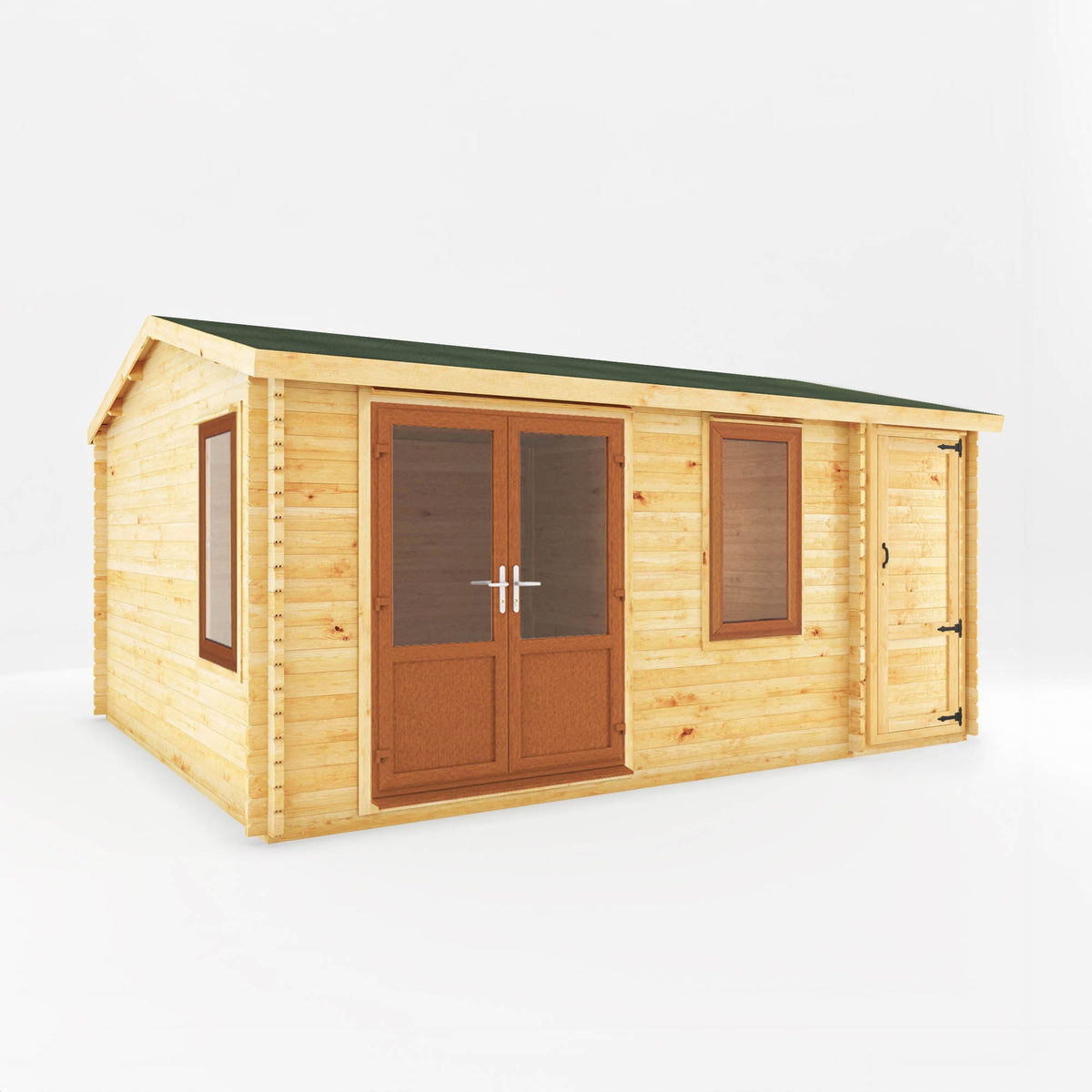 Mercia Garden Products Home Office Elite Log Cabin with side shed, 5.1x4m, oak-colored 44mm thick logs, ideal for garden workspace.