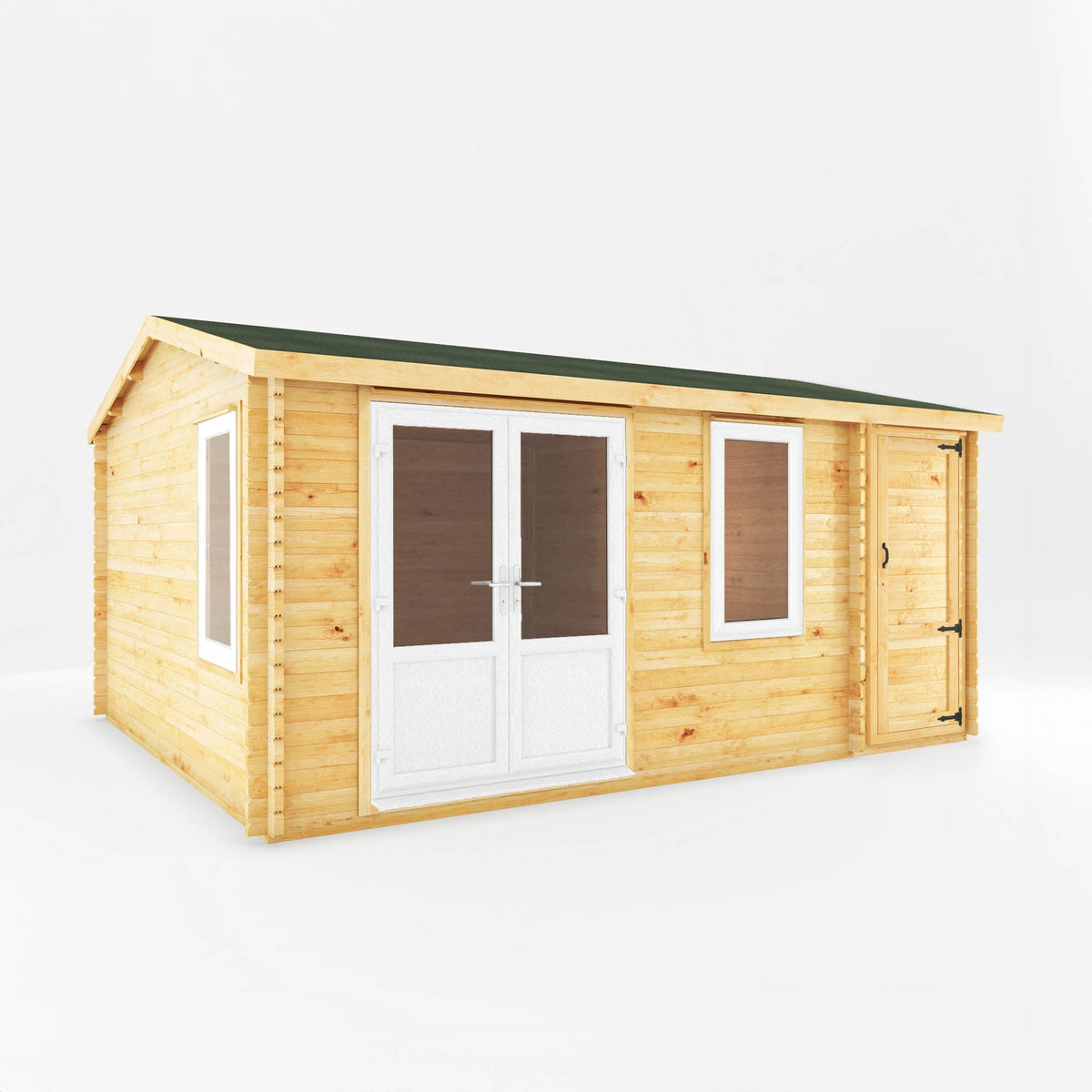 Mercia Garden Products Home Office Elite Log Cabin with side shed, 5.1x4m, white UPVC, ideal for garden workspace or home office.