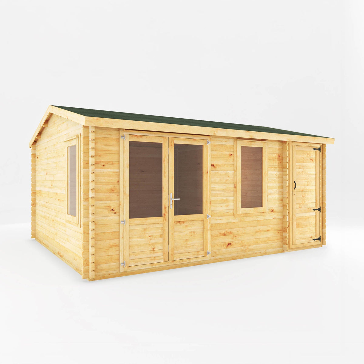 Mercia Garden Products Home Office Elite Log Cabin with side shed, natural timber, 5x4 meters, garden office and workspace.