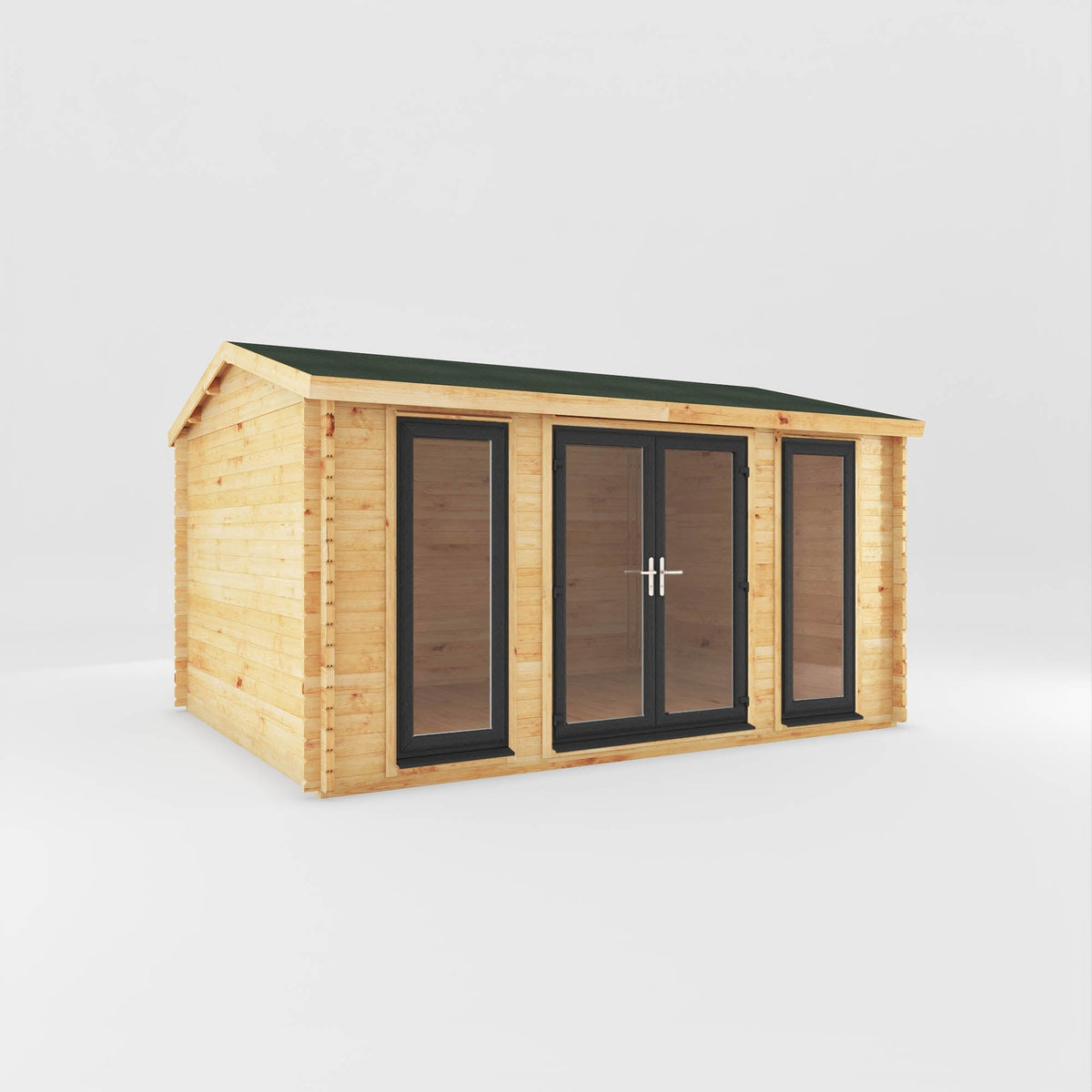 Mercia Garden Products log cabin home office studio with grey UPVC exterior, 4.5m x 3.5m, ideal for garden workspace.