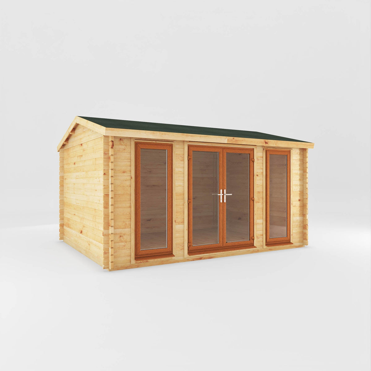 Mercia Garden Products home office studio log cabin, 4.5m x 3.5m, with oak-effect UPVC exterior and 44mm thick logs for garden office use.