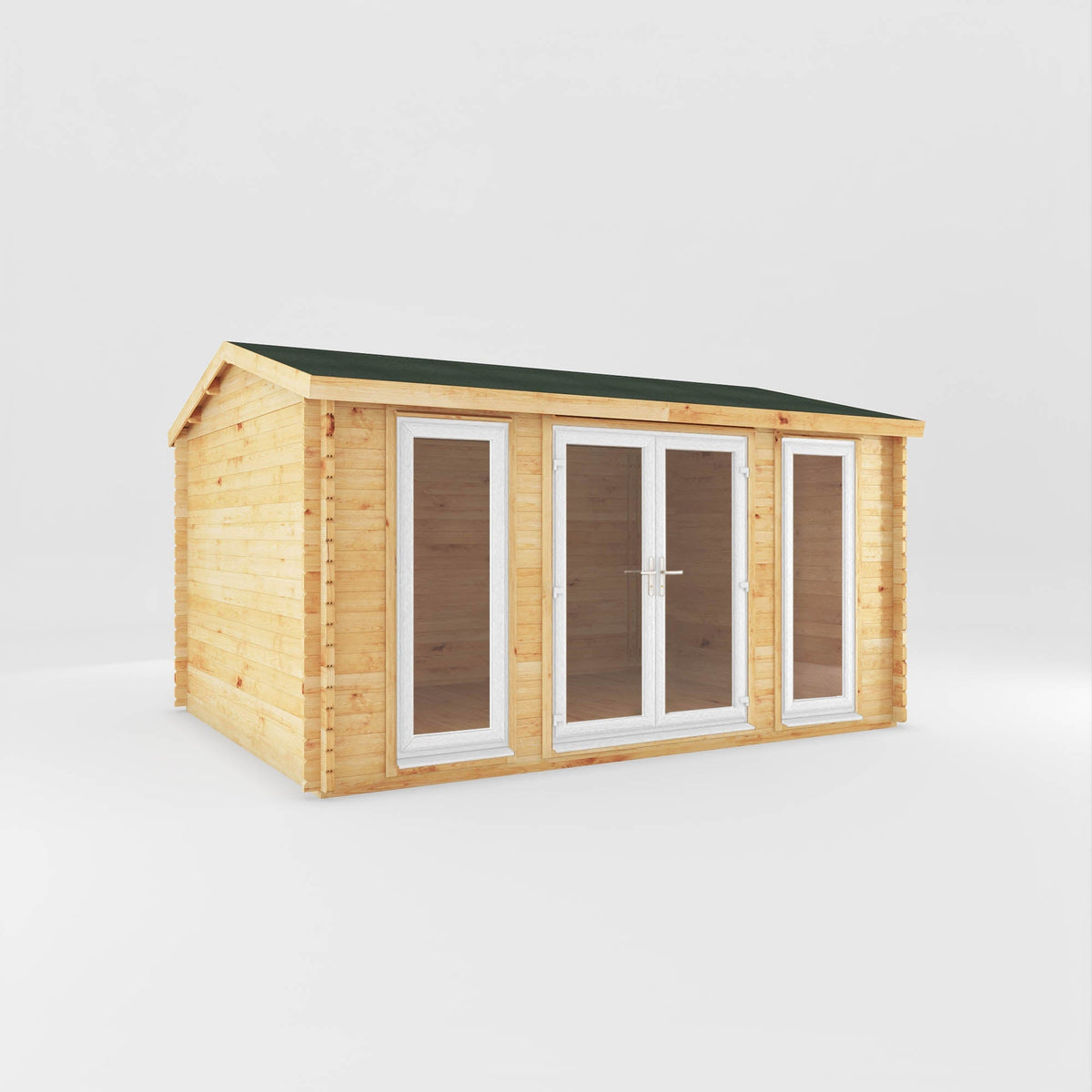 Mercia Garden Products home office studio log cabin with white UPVC windows, 4.5m x 3.5m size, 44mm thick logs for garden workspace