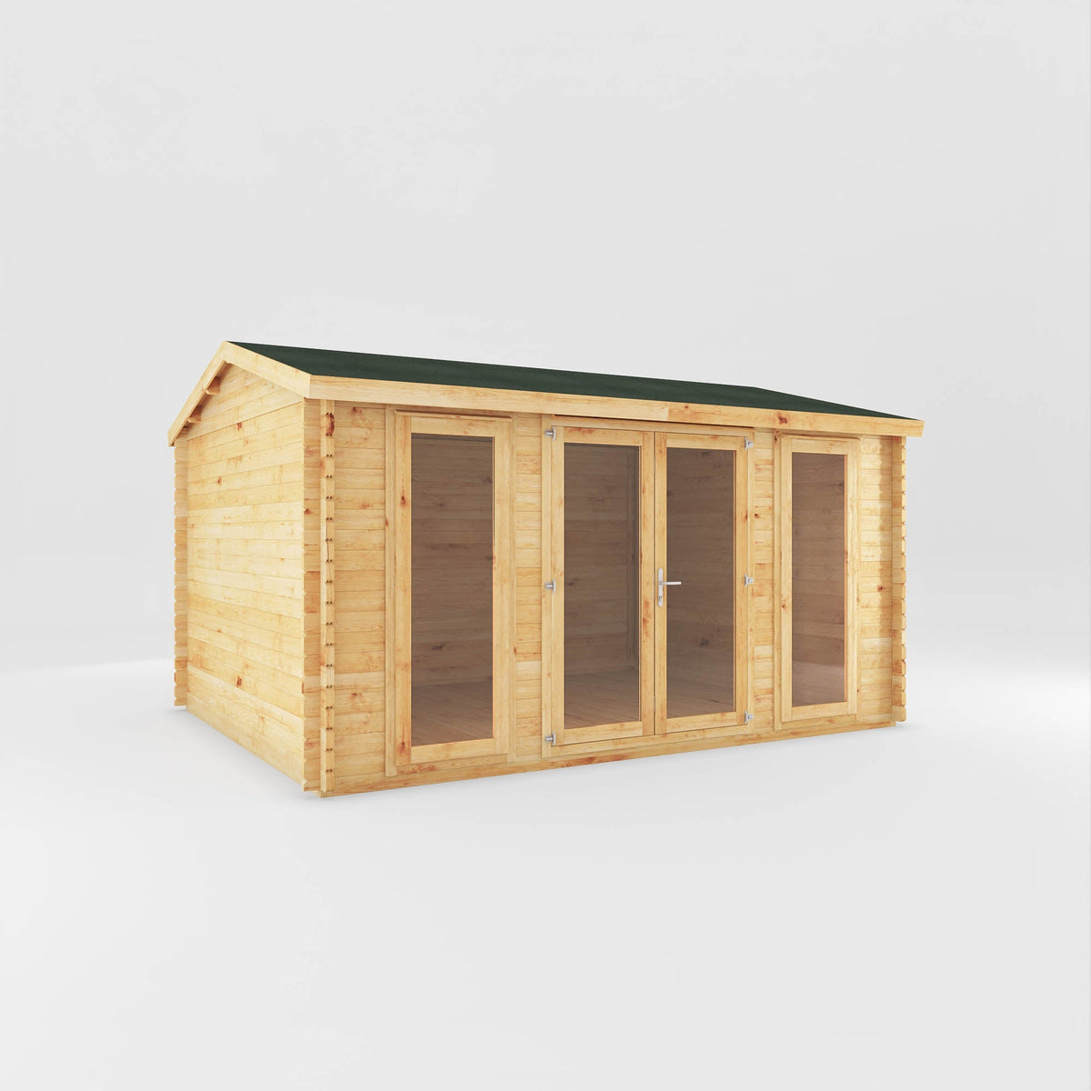 Mercia Garden Products home office studio log cabin in natural timber, 4.5m by 3.5m, ideal for garden workspace or office.
