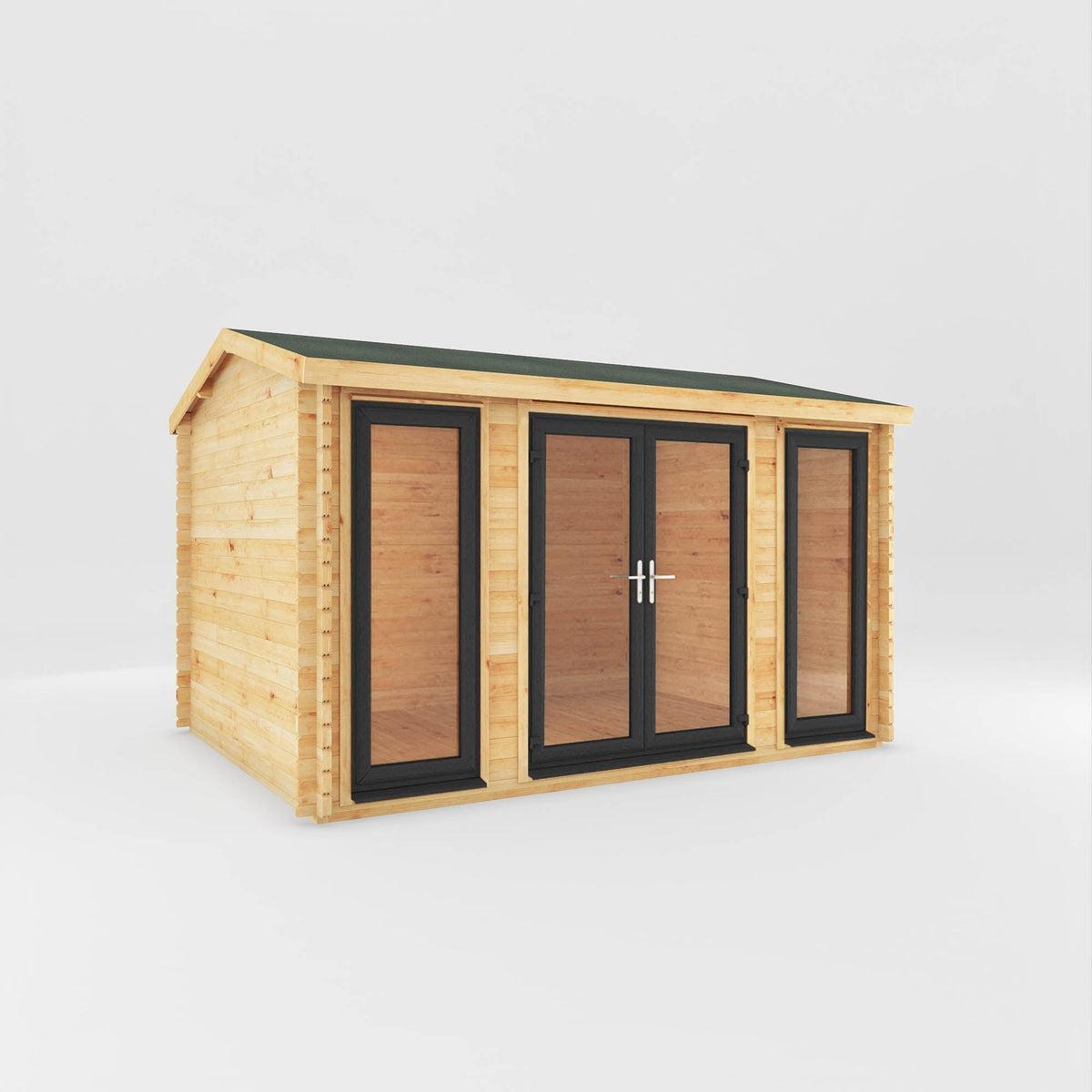 Grey Mercia Garden Products log cabin used as a home office studio, featuring a 4m by 3m size with 44mm thick walls.