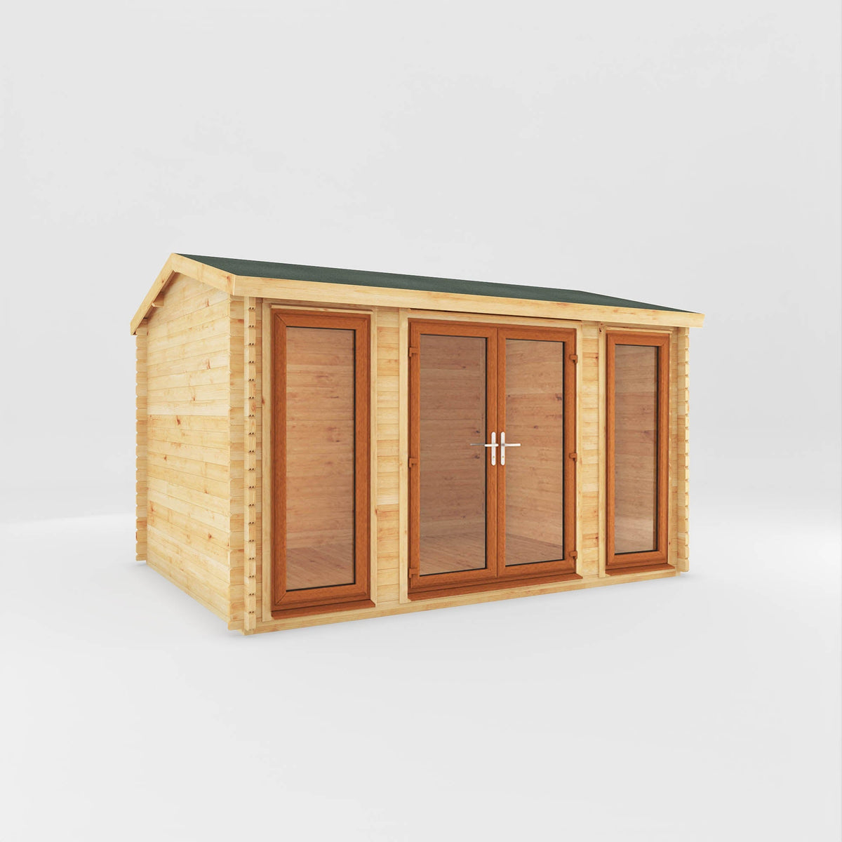 Mercia Garden Products home office studio log cabin, 4x3m, oak finish, with UPVC windows for garden office use.
