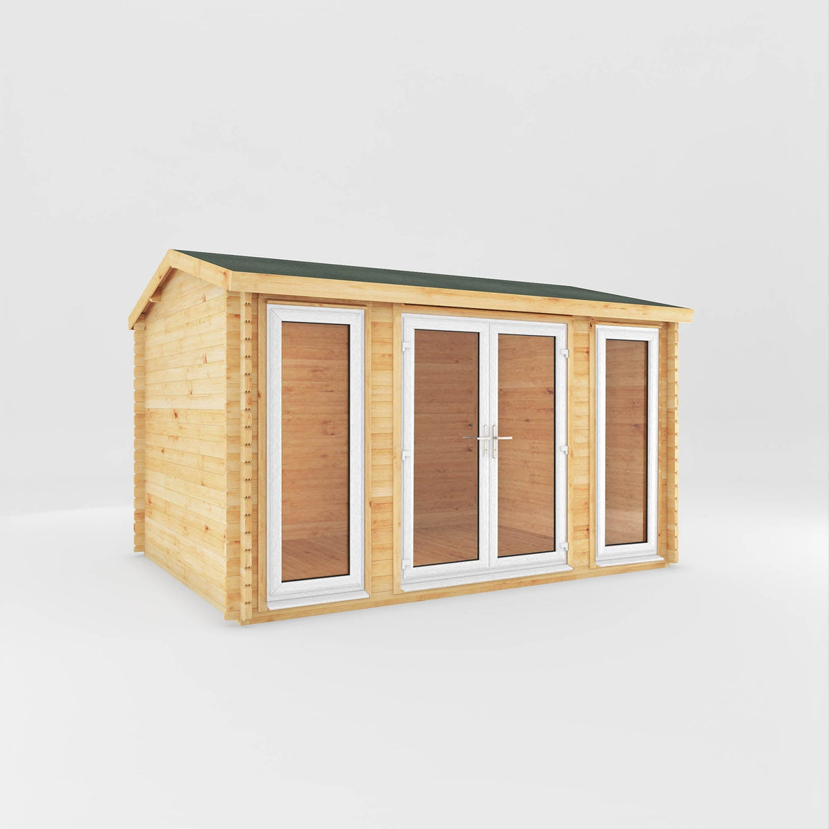 White Mercia Garden Products log cabin home office studio, 4x3 meters, with a 44mm thick wall, suitable for garden workspace.