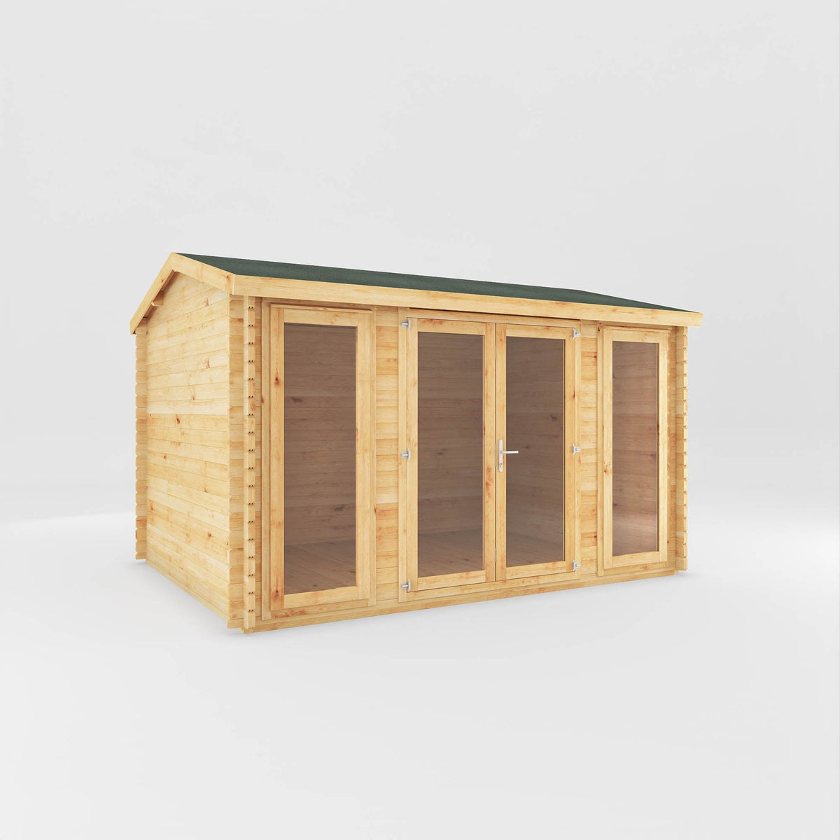 Natural timber Mercia Garden Products home office studio log cabin, 4x3m garden office with windows and door in outdoor setting.