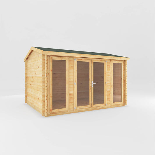 Natural timber Mercia Garden Products home office studio log cabin, 4x3m garden office with windows and door in outdoor setting.