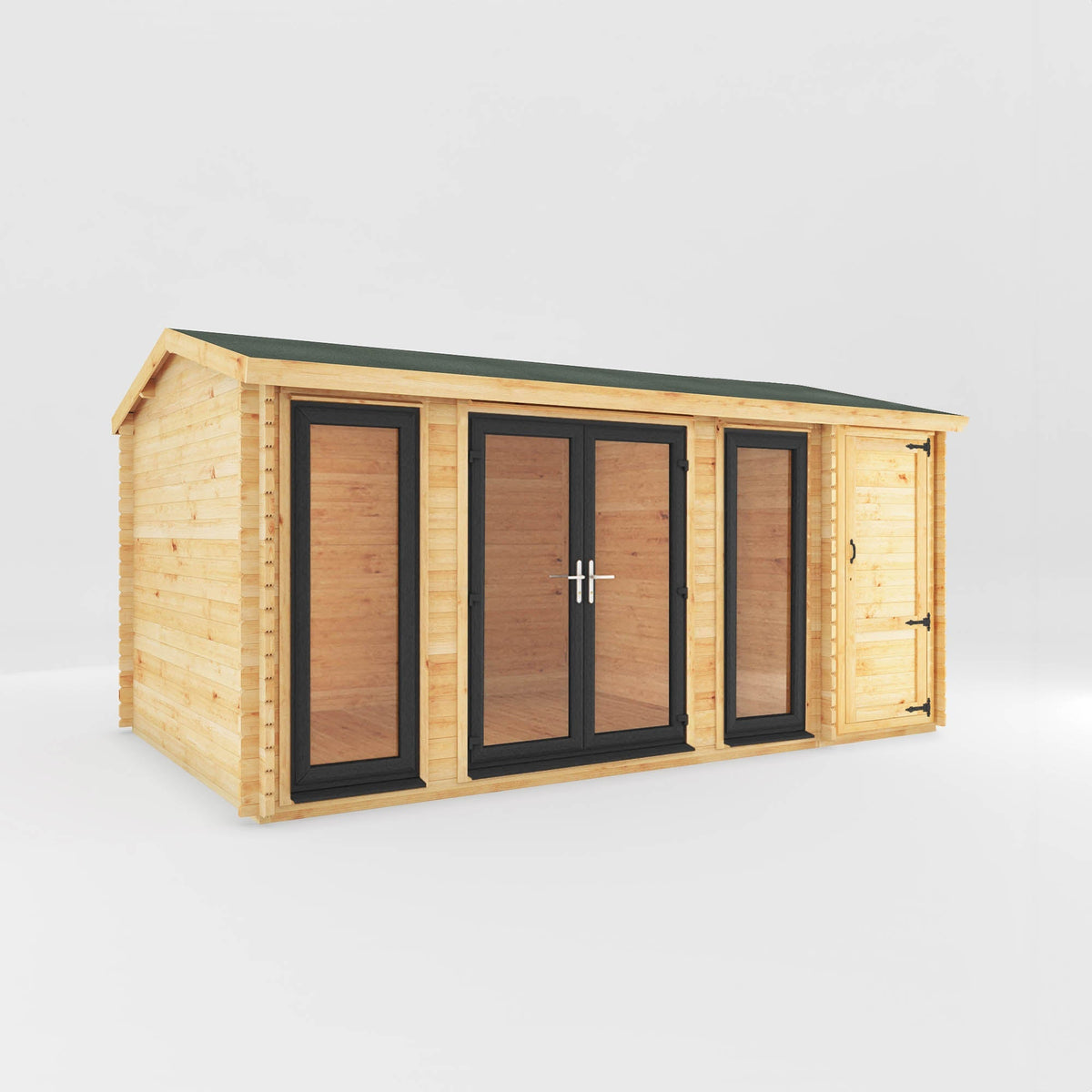 Mercia Garden Products home office studio log cabin with side shed, 5.1m x 3m, grey UPVC exterior, suitable for garden office use