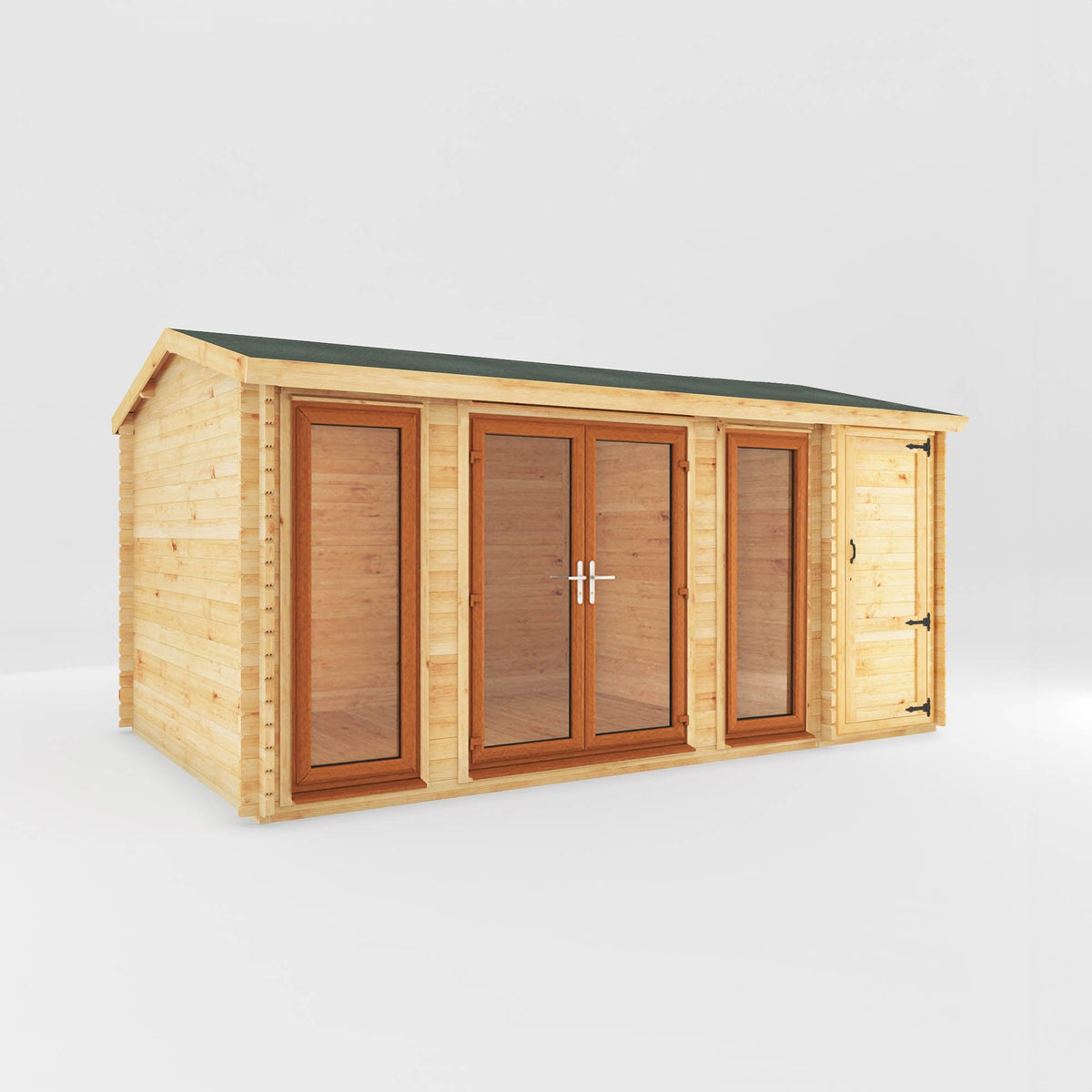 Mercia Garden Products home office studio log cabin with side shed, 5.1m x 3m, 44mm oak-effect UPVC exterior, suitable for garden workspace.