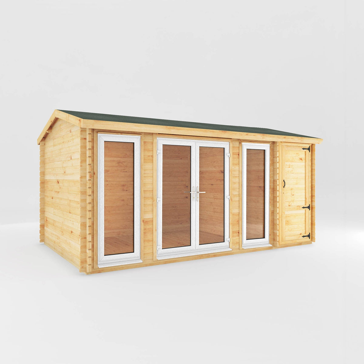 White Mercia Garden Products log cabin home office studio with side shed, 5.1m x 3m, featuring a 44mm thick structure and UPVC windows.