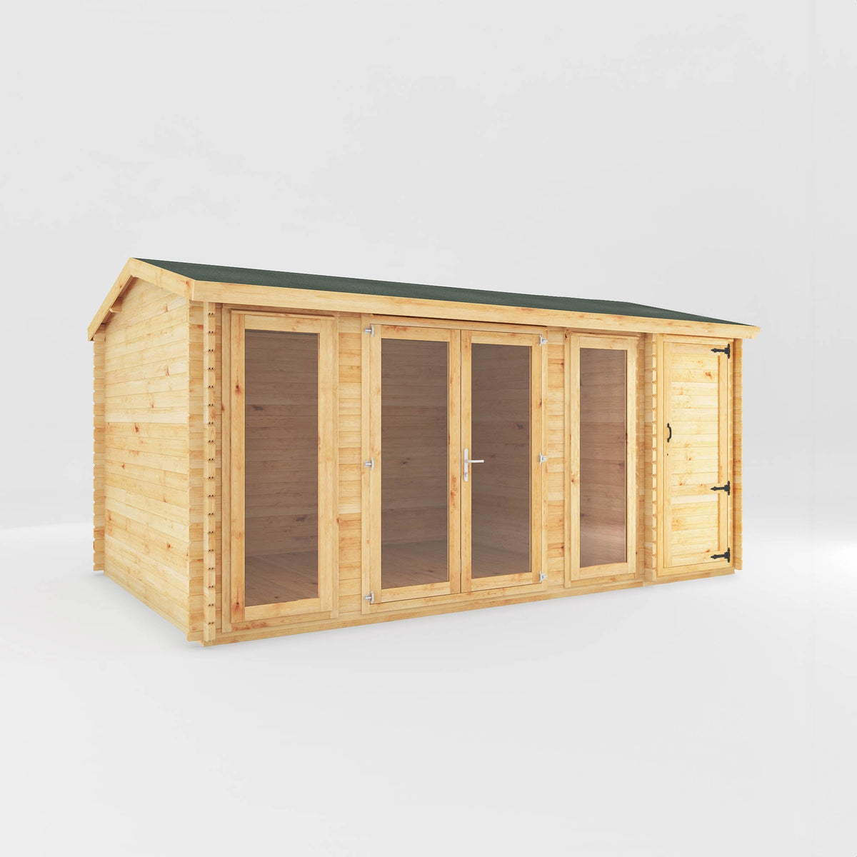 Mercia Garden Products home office studio log cabin with side shed, natural timber, 5.1m x 3m garden office and workspace.