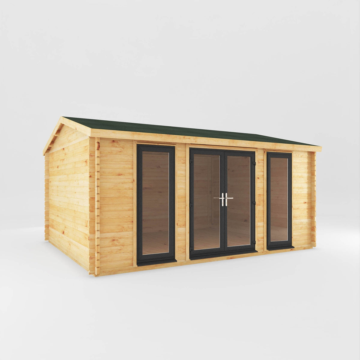 Grey Mercia Garden Products log cabin home office studio with 44mm timber walls, 5x4 meters, ideal for garden workspace.