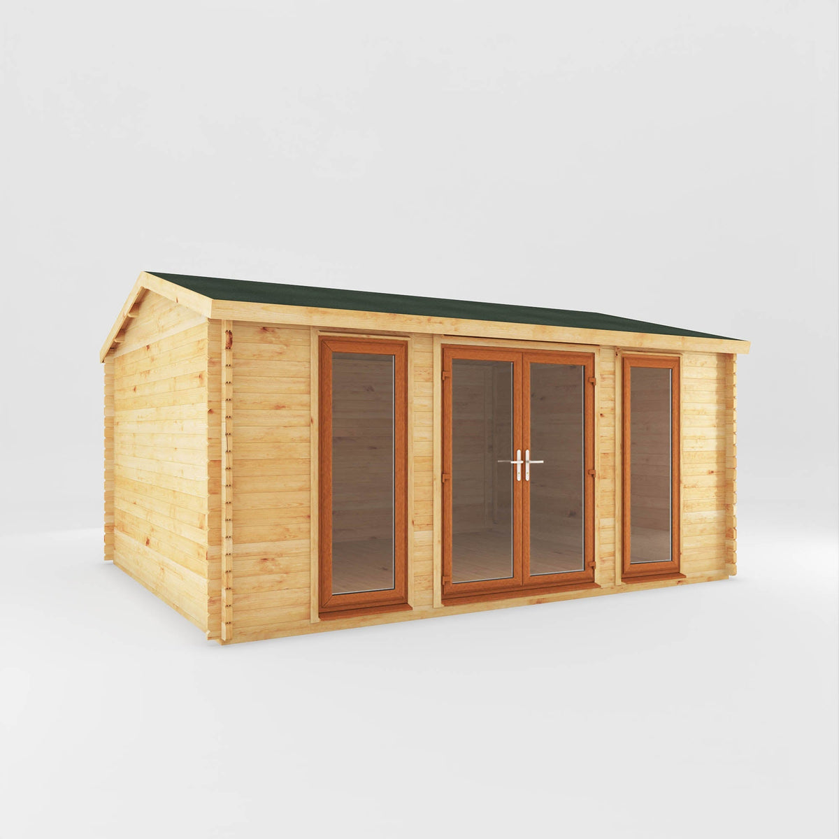 Mercia Garden Products 5x4m oak log cabin home office studio with UPVC windows and 44mm thick walls for outdoor workspace.